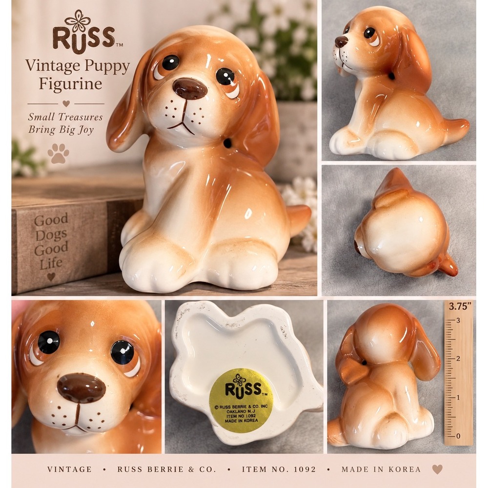 Vintage Russ Berrie Puppy Dog Figurine #1092 Ceramic Korea 3.75" Cute Beagle